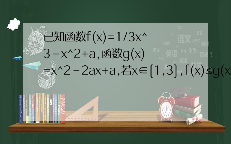 已知函数f(x)=1/3x^3-x^2+a,函数g(x)=x^2-2ax+a,若x∈[1,3],f(x)≤g(x)恒成立,求a得取值范围关于导数的
