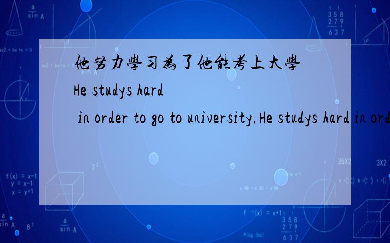 他努力学习为了他能考上大学 He studys hard in order to go to university.He studys hard in orderhe can go to university.都是表达同一种意思吗 但中文里面是一个复句但到了英文里面的第一句不是从句喔 能否只