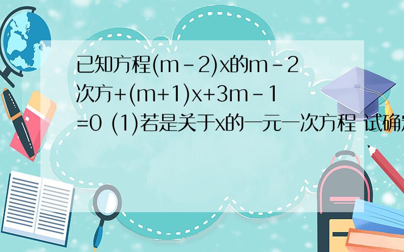 已知方程(m-2)x的m-2次方+(m+1)x+3m-1=0 (1)若是关于x的一元一次方程 试确定m的值